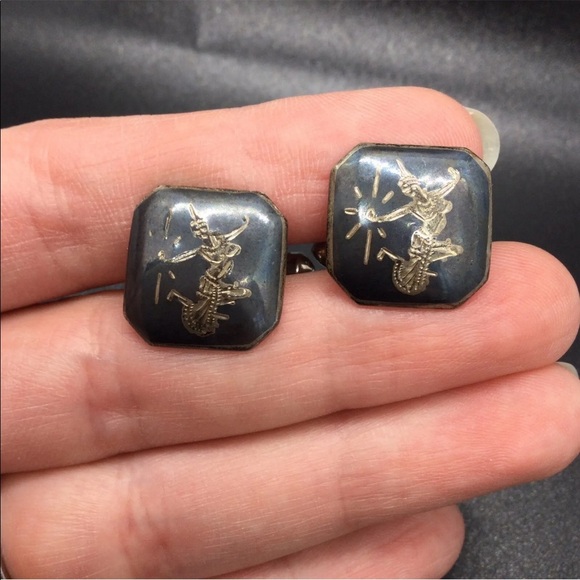 VINTAGE ROYAL SIAM MEKKALA GODDESS NIELLO ENAMEL STERLING SILVER CUFFLIN… - Picture 2 of 6